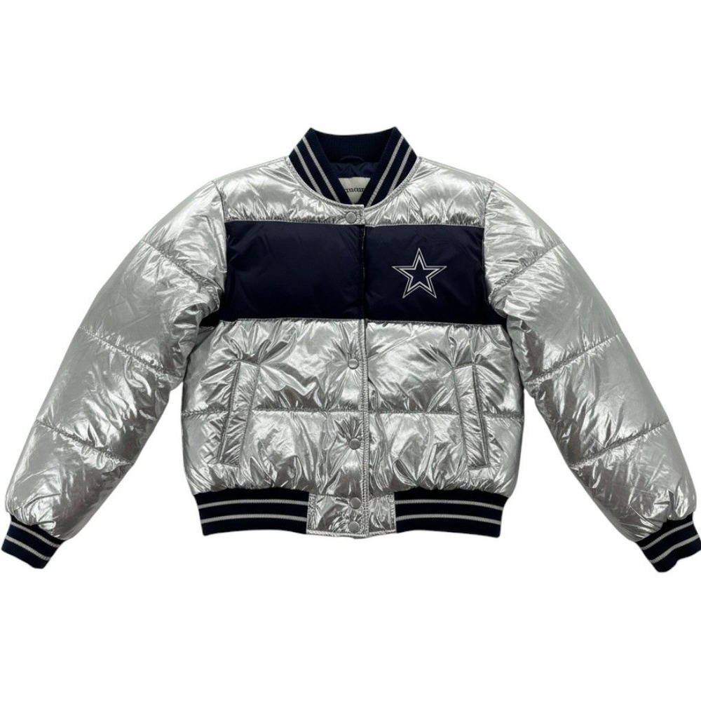 Dallas Cowboys Womens Metalic Silver Puffer Snap Bomber Jacket XS NEW MSRP120